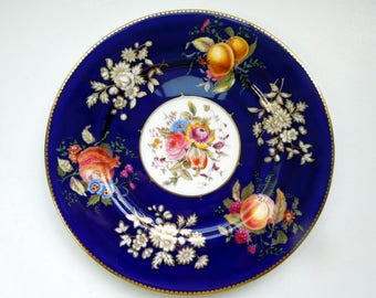 Vintage COALPORT Plate Floral Fruits and Cobalt Flowers Gilded Gold Gift Wedding Anniversary Birthday Bridal Shower Gift