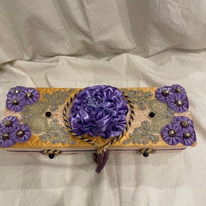 Upcycled Vintage Box Quilted Glove Keepsake Vanity Flowers Laces Beads One of a Kind Custom Storage Jewelry 13.5&quot; x 5&quot; x 3&quot; Gift Vintage
