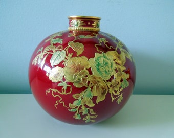 Royal Crown Derby Vase Jar Bulbous Burgundy Gold Gilt Flowers HP Antique Wedding Anniversary Birthday Bridal Shower Collector Gift 1892