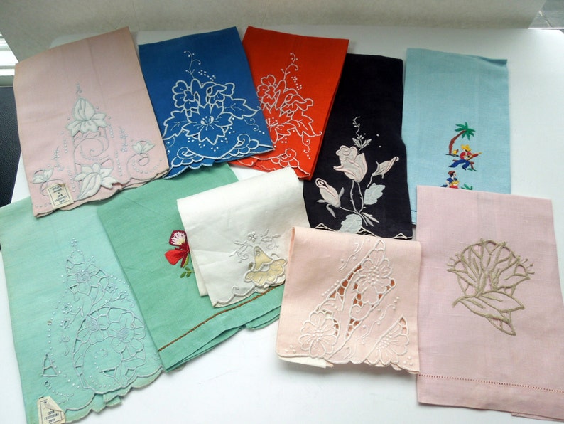 Madeira Floral Towel Pair Green Applique Embroidery Hand Work Wedding Anniversary Birthday Bridal Collector Christmas Gift for Her Vintage