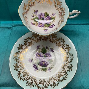 PARAGON Teacup Saucer Pansies Flowers Gold Baby Blue Border England Wedding Anniversary Birthday Bridal Shower Holiday Table Gift
