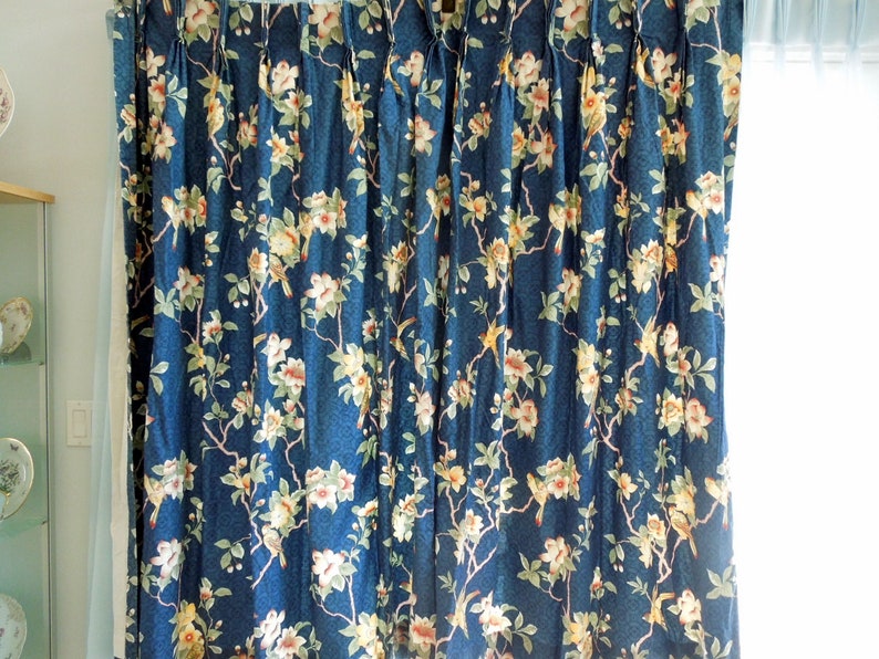 Waverly Fabric Curtains Pair Panels Drapes Cottage Crewel 56W x 61 L Each Panel Lined Pleated Home Decor Birthday Gift Vintage