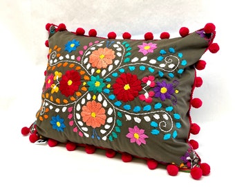 Gray Mexican Embroidered Boudoir Pillow with Flowers