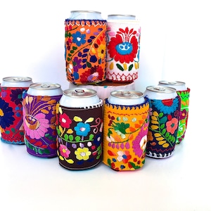 Embroidered REGULAR Can Cooler, Mexican Dress Can Cooler, Insulated 12 oz Can cosie, Mexican Embroidery drink sleeve, Mexico Fiesta Wedding image 1