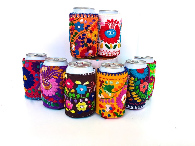 Embroidered REGULAR Can Cooler, Mexican Dress Can Cooler, Insulated 12 oz Can cosie, Mexican Embroidery drink sleeve, Mexico Fiesta Wedding image 1