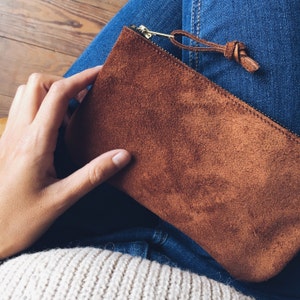 brown suede leather purse, leather wallet, leather bag, leather clutch, cosmetic bag, zipper bag