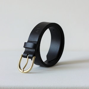 black leather belt with brass buckle natural high waist leather belt vegetable tanned leather belt image 1