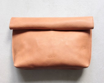 camel brown leather roll top clutch //  leather clutch // leather pouch // leather bag // leather purse // vegetable tanned // minimal