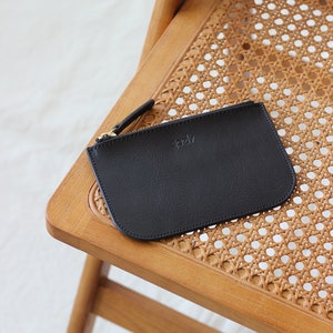 Monedero de cuero, cartera de cuero, bolso con cremallera de cuero, bolso cosmético de cuero, bolso de cuero pequeño, embrague, curtido vegetal, negro
