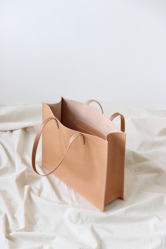Nude Leather Tote Leather Tote Bag Leather Purse Vegetable Tanned Leather Tote Minimal Etsy Canada