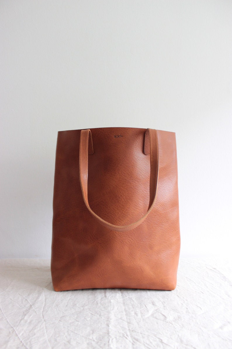 cognac brown leather tote // leather tote bag // leather purse // vegetable tanned leather tote // sustainable leather tote bag //conscious image 1