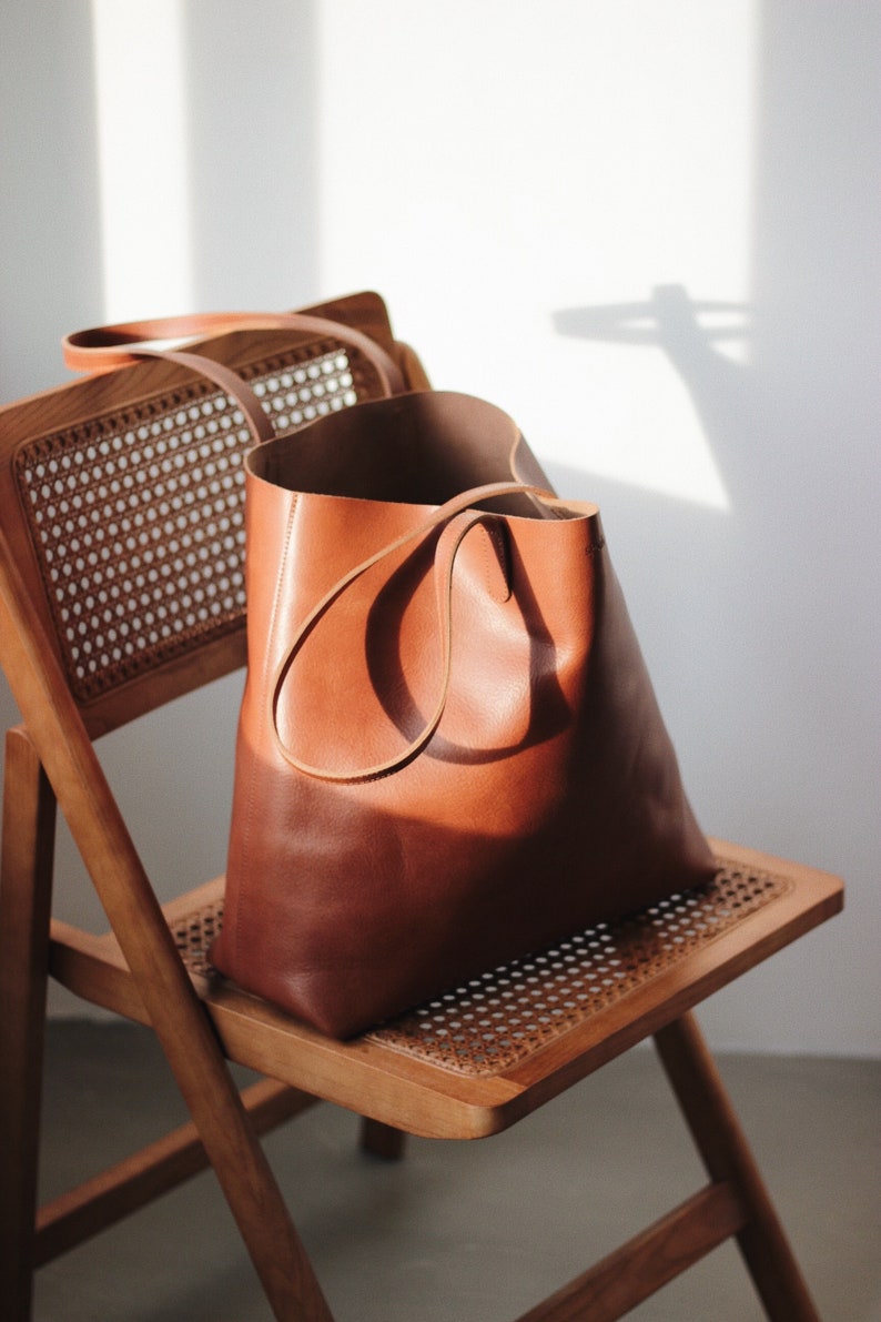 large leather bag, leather tote bag, real leather shopper, sustainable leather bag, leather handbag, shoulder bag, handle bag, cognac brown image 1