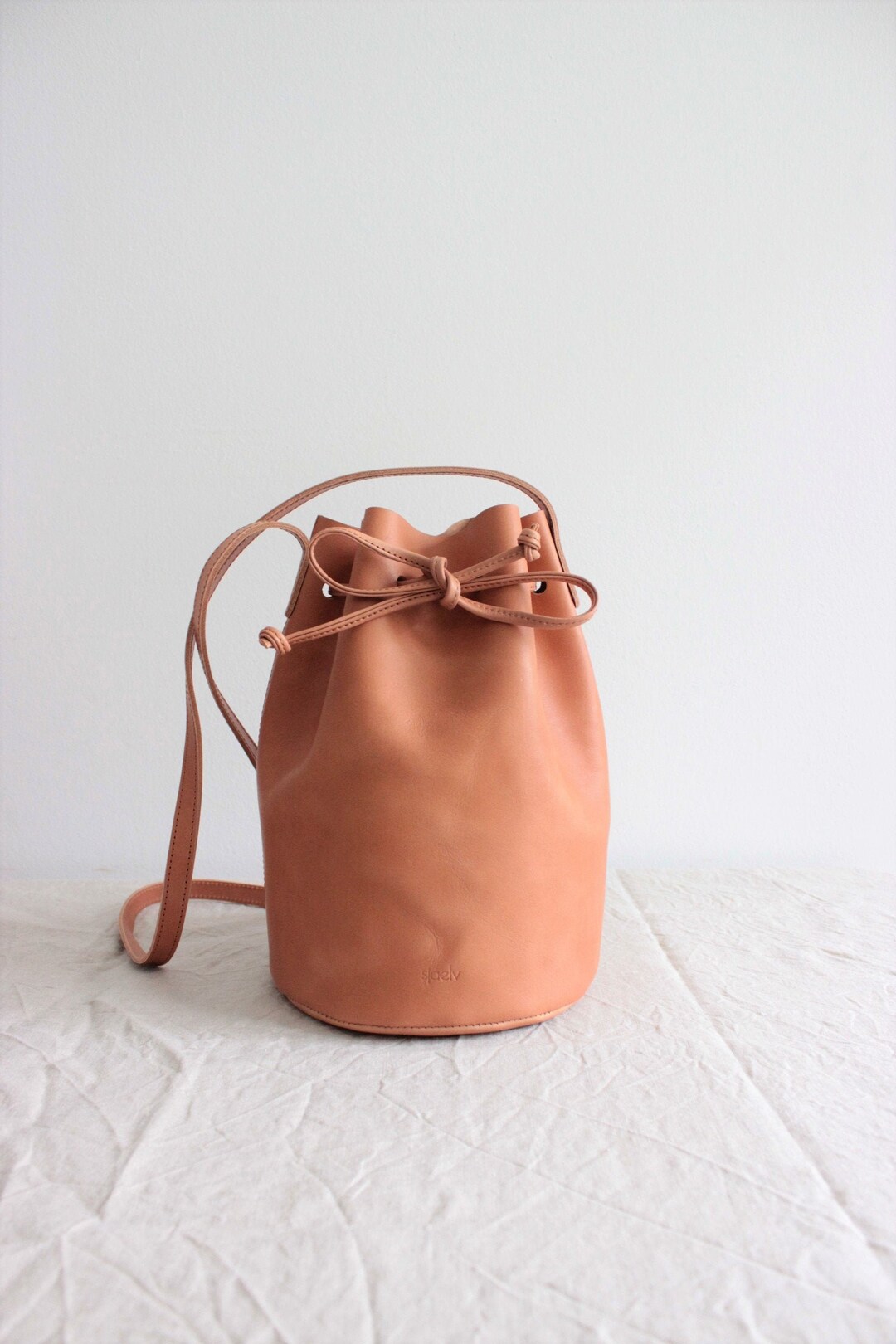Camel Brown Leather Bucket Bag // Round Leather Bucket Bag // - Etsy