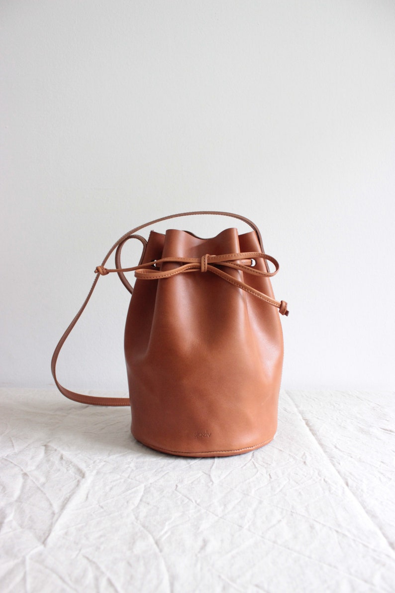 Brown Leather Bucket Bag // Round Leather Bucket Bag // Etsy