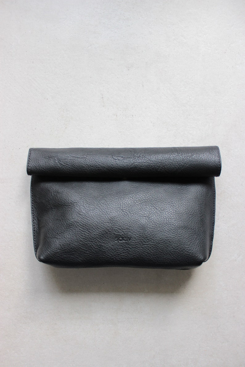 black leather roll top clutch // leather clutch // leather pouch // leather bag // leather purse // vegetable tanned // minimal image 1