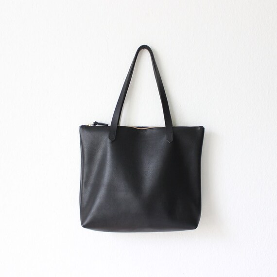 Black leather shopper leather tote bag everyday bag market Etsy