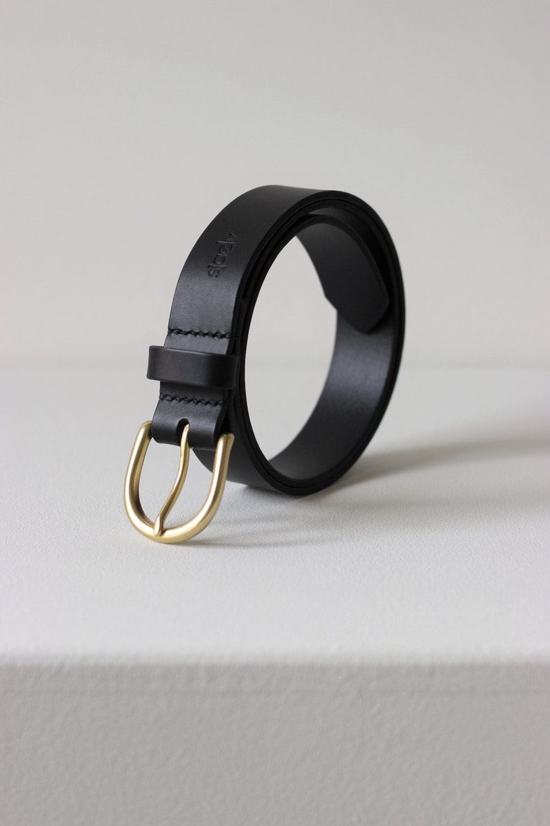black leather belt with brass buckle natural high waist leather belt vegetable tanned leather belt image 2