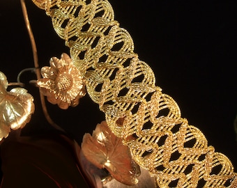 Adorno de encaje metálico dorado, brocado de pasamanería vintage con diseño de galón en hilera para pantallas de lámparas, almohadas, cortinas, disfraces y vestimentas de 1-3/8" de ancho.