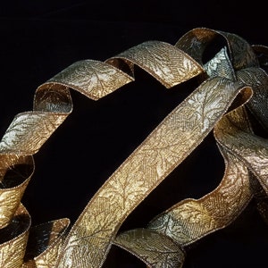 Antique Gold Metallic Lace Tape Tim, leave design, french 1&quot; wide passementerie brocade ribbon braid of woven gold threads, ValuesForEver