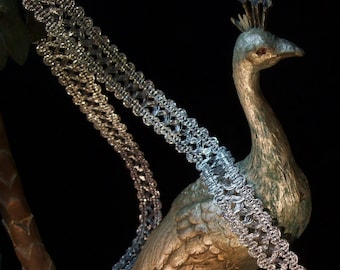 Cinta de cinta de encaje trenzado con adorno metálico plateado vintage antiguo de alto contenido de metal para almohadas disfraz clero militar Navidad