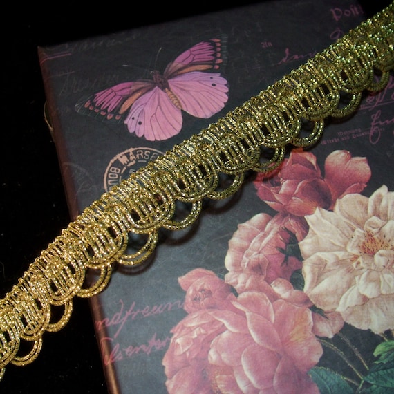 Antique vintage gold metallic metal lace trim ribbon braid for lampshade 1" WIDE 