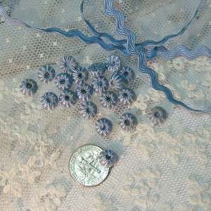 Antique 1/4&quot; tiny french doll dress or shoe buttons, silky shiny baby blue crochet lace passementerie small balls bobbles, ValuesForEver