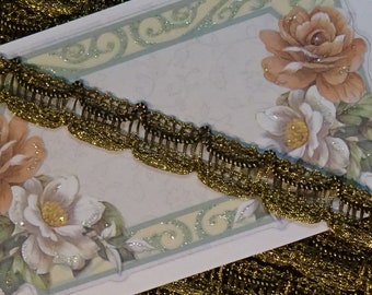 Adorno de encaje trenzado dorado metálico antiguo de 1800 de alto contenido de metal REAL, brocado en diseño de bucle de botín para pantallas de lámparas, vestimenta de cortinas de vestuario