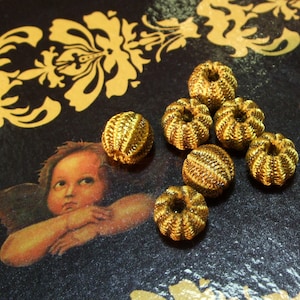 Antique vintage Gold Metal Passementerie Round Bobble Tassel Ball Crochet Button 1/2&quot; Millinery Ribbon Lace Trim beading Ribbonwork Doll