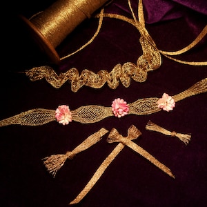10 y Antique vintage gold metallic metal mesh trim 1/8&quot; spreadable for beading ruche ruffle rococo ribbon-work narrow lace embroidery dolls