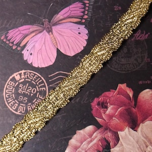 Antique Gold Metallic Lace Tape Tim, narrow 3/8&quot; french passementerie brocade ribbon braid of woven gold threads picot edge, ValuesForEver