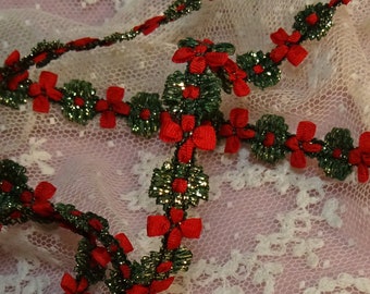 Cinta de encaje de cinta de roseta rococó, detalles metálicos de plata dorada, flores rojas, vestido de muñeca francesa, antigüedad vintage, 1/2" de ancho por pie
