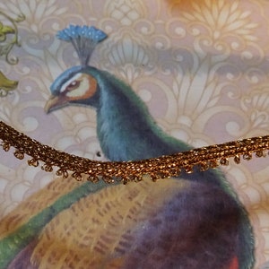 Op de afbeelding: Gouden trim met een delicate, gegolfde rand. De trim heeft een geweven textuur en een subtiele glans. De trim is gefotografeerd tegen een achtergrond van een pauwillustratie.