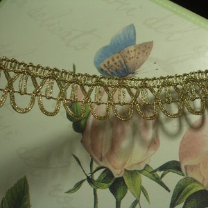 May include: Gold trim with a scalloped edge. The trim is made of small, interwoven loops. The trim is shown against a background of a floral print.