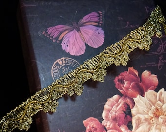 Vintage Antique Gold Metallic Lace Trim, borde de brocado de pasamanería en ondas en forma de abanico para cortinas de traje de almohada de pantalla de 5/8" de ancho
