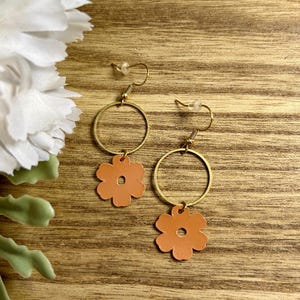 Orange and Gold Springtime Spring Flower Power Floral Genuine Leather Flower Lightweight Sterling Earrings Vs. 2