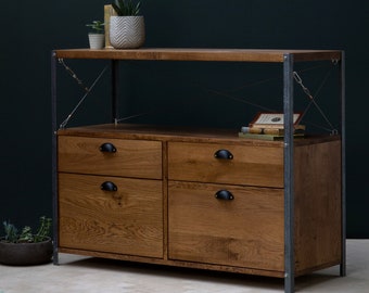 Konk ‖ Four Drawer Industrial Side Table ‖ Bespoke sizes available ‖ Solid Oak Console with Drawers, End Table with Storage