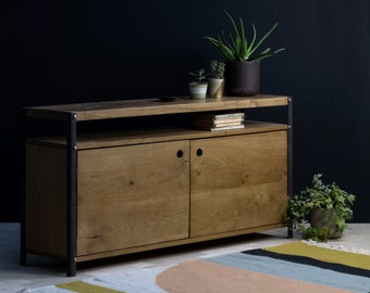 Konk ‖ Industrial TV Cabinet ‖ Bespoke sizes available ‖ Oak & Steel Console With Storage Drawers, Solid Wood Media Unit