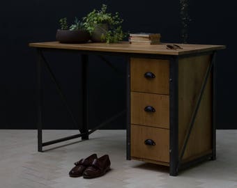 Konk ‖ 'Slim' Industrial Drawer Desk ‖ Bespoke sizes available ‖ Industrial Oak & Steel Office Studio Work Station With Storage Drawers