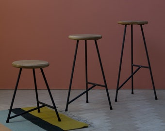 Konk ‖ Huffer J Stool [three Heights] ‖ Steel and Oak Stool Bar