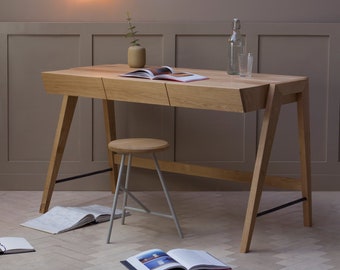 Konk ‖ Yackt Three Drawer Desk [Oak] ‖ Bespoke sizes available ‖ Minimal Solid Wood Office, Mid Century Inspired Table with Storage