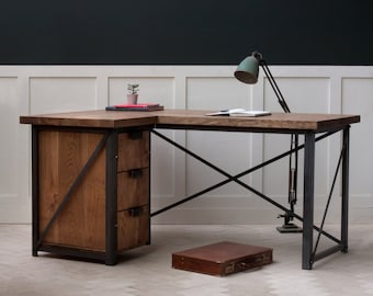 Konk ‖ 'Classic' Industrial Corner Desk Left ‖ Bespoke sizes available ‖ Industrial Oak & Steel Desk With Storage Drawers