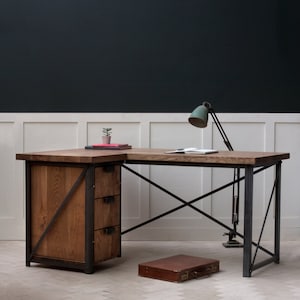 Konk 'Classic' Industrial Corner Desk Left Bespoke sizes available Industrial Oak & Steel Desk With Storage Drawers image 1