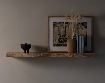Konk ‖ Floating Shelf [Waney Oak] ‖ Bespoke sizes available ‖ Floating Solid Wood Shelving, Wall-Mounted Live Edge Bookshelf