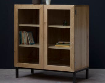 Konk ‖ Industrial Display Cabinet ‖ Bespoke sizes available ‖ Glass Front Solid Oak & Steel Cabinet, Modern TV Stand with Cupboard