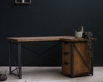 Konk ‖ 'Classic' Industrial Corner Desk Right ‖ Bespoke sizes available ‖ Industrial Oak & Steel Desk With Storage Drawers