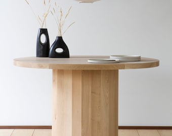 Konk ‖ Stal Table ‖ Bespoke sizes available ‖ Solid Oak Pillar Kitchen Dining Table, Minimal Circular Pedestal Side Desk