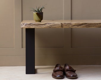 Konk ‖ Waney-Sage Bench [Metal Legs] ‖ Bespoke sizes available ‖ Live Edge Oak Modern Seat, Minimalist Dining, Hallway Seating, Side Table