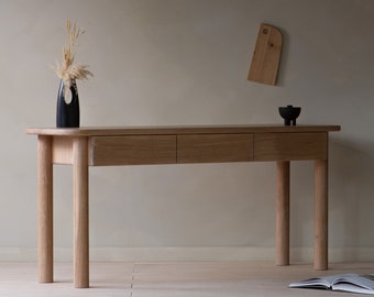 Konk ‖ Huki Desk [Prime Oak] ‖ Bespoke sizes available ‖ Minimal Rounded Solid Wood Desk with Drawers, Shallow Dressing Table with Storage