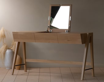 Konk ‖ Yackt Dressing Table ‖ Bespoke sizes available ‖ Minimal Solid Wood Desk with Mirror, Mid Century Inspired Vanity with Storage