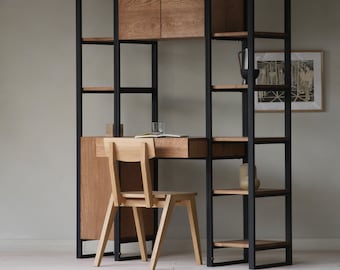 Konk ‖ Willa - Oak Desk and Storage Station ‖ Bespoke sizes available ‖ Industrial Office Writing & Computer Desk With Shelving